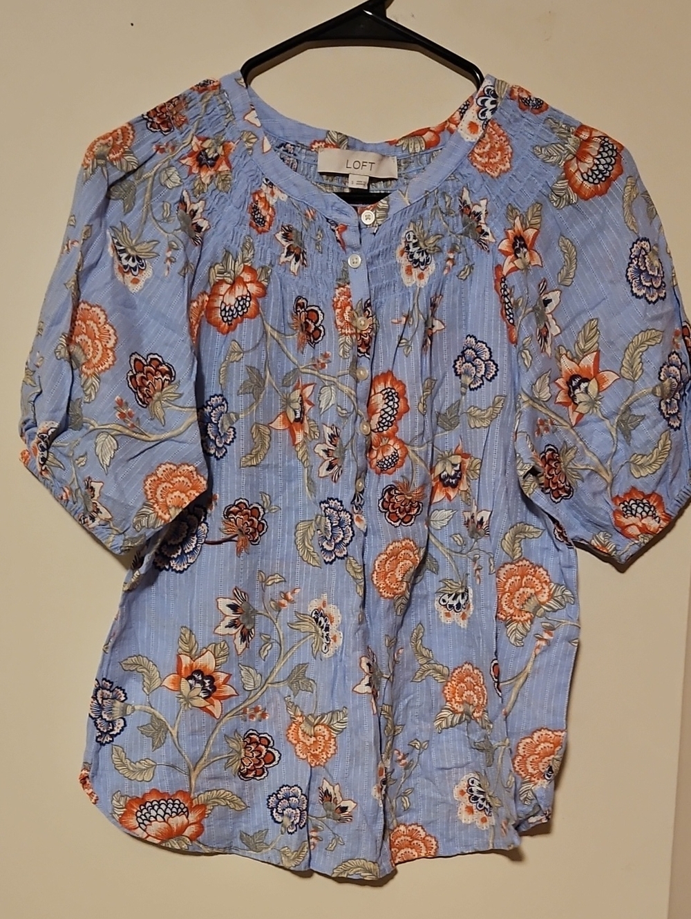 LOFT Light Blue Floral Pintuck Button-Front Blouse
